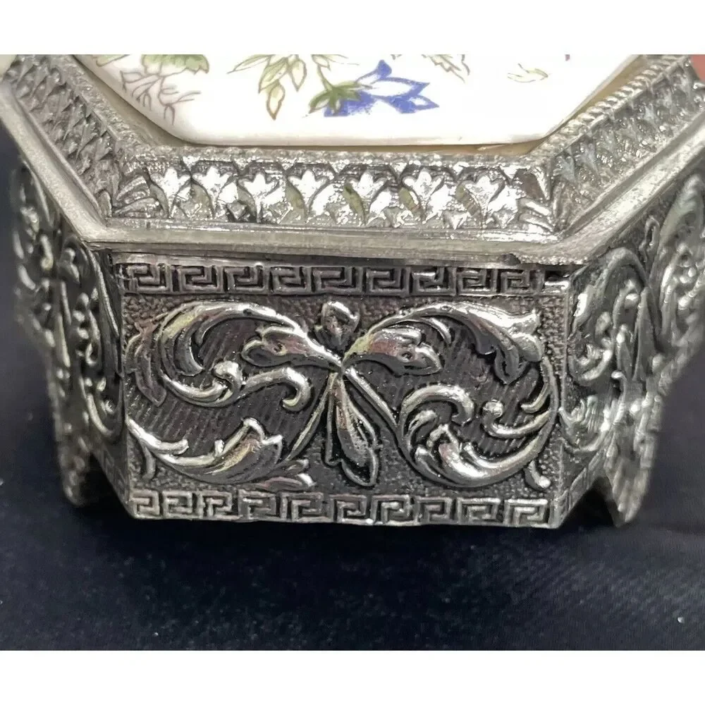 Vintage Japan Jewelry Trinket Box Silver Plated Painted Floral Hinged Top Lined - Picture 10 of 15